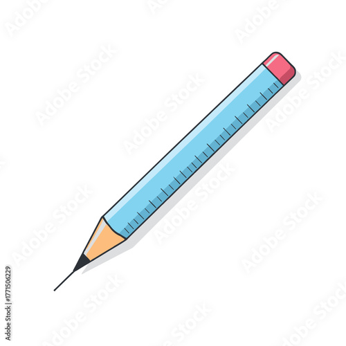 Pencil with ruler and eraser, focused mood, drawing tool illustration, minimalistic design, educational concept