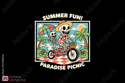 Two Skeletons Enjoying a Tandem Bicycle Ride with an Umbrella.