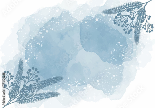 Delicate Winter Holiday Watercolor Background with Snowfall and Pine Branches