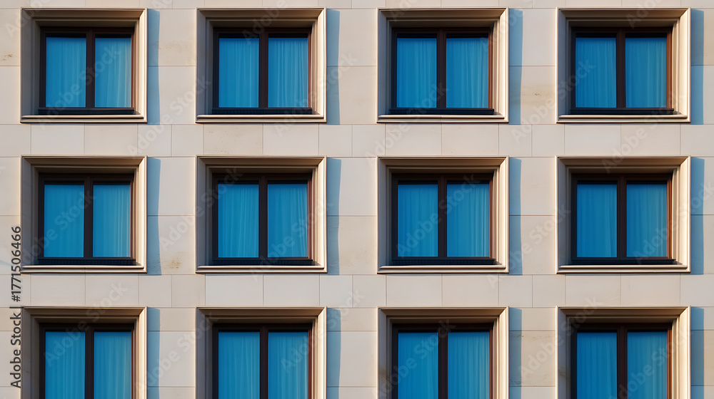 Obraz premium Repetitive architectural pattern: numerous square windows with blue curtains adorn the building's facade, creating a symmetrical rhythm. The contrasting colors add depth to the image.