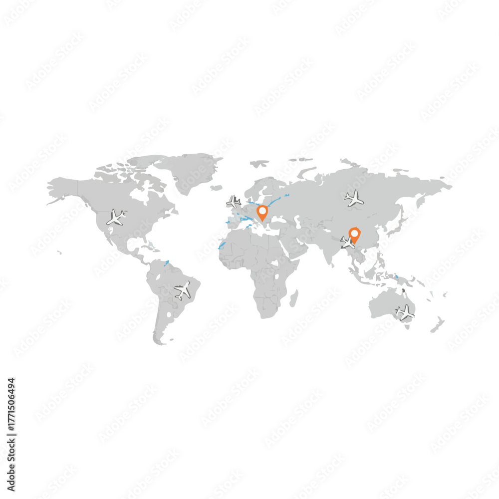Obraz premium Global business network expansion across continents with strategic location pins illustrating worldwide reach and interconnected operations for modern enterprise logistics