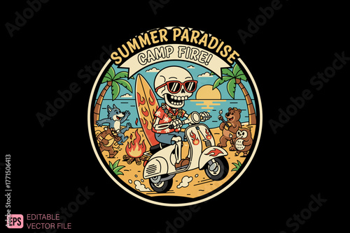 Skeleton Riding Scooter with Surfboard on Beach Summer Paradise