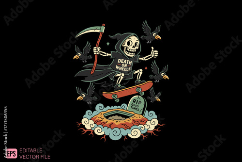 Grim Reaper Skeleton Skateboarding Over Grave with Crows.