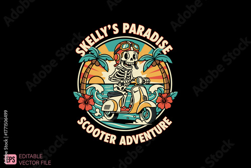 Skeleton Riding Scooter on Tropical Beach Skellys Paradise Scoot