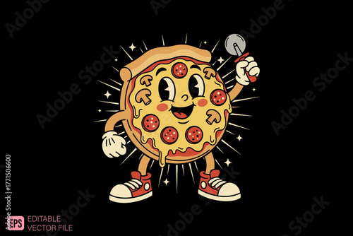 Retro Cartoon Pizza Character Holding a Pizza Cutter.