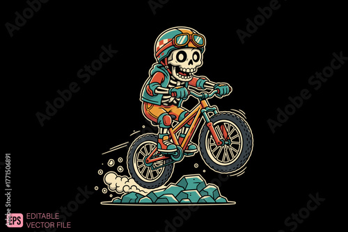 Skeleton Biker Riding Mountain Bike Over Rocks.