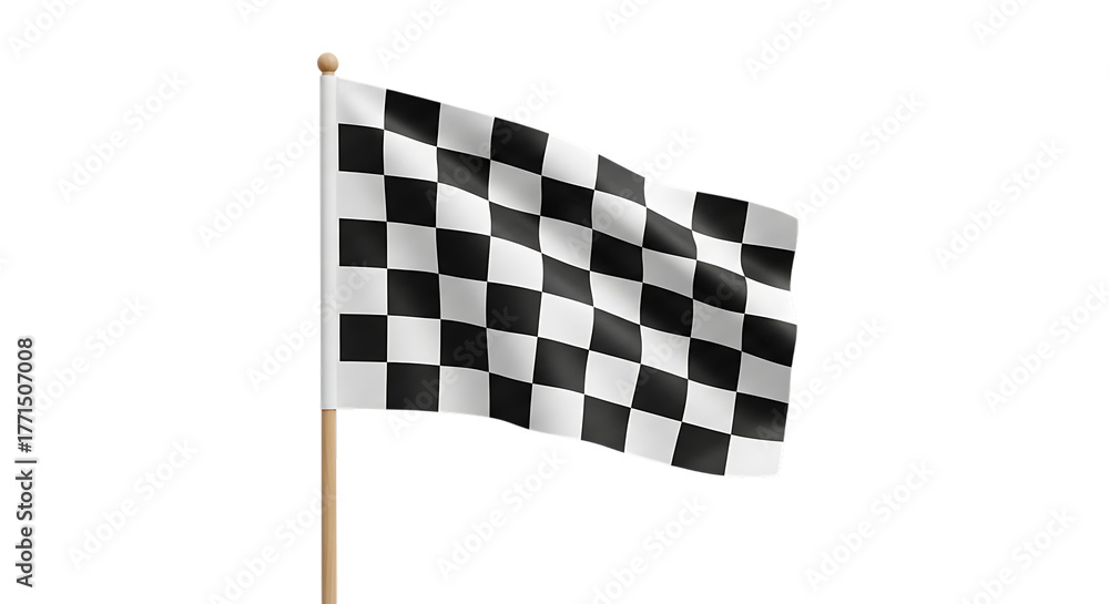 Fototapeta premium Waving checkered flag on a wooden pole with a white ball topper, isolated on a white or transparent background, cutout, PNG