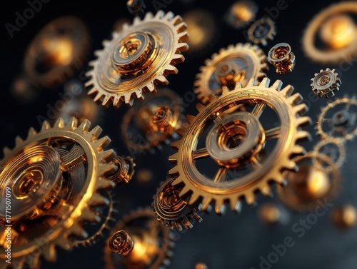 Close-Up Golden Gears in Motion Dynamic Abstract Background with Interconnected Mechanical Cogs and Bokeh Effect
