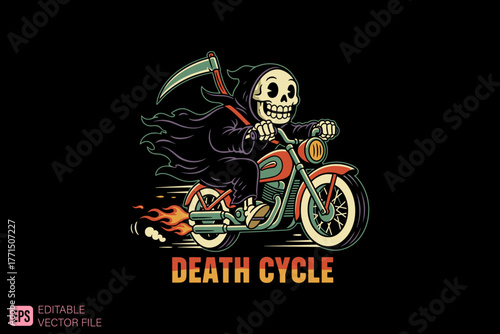 Grim Reaper Riding Motorcycle with Scythe and Flames.