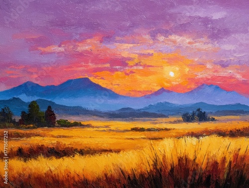 Vibrant oil painting showcasing a dramatic sunset over golden plains and majestic mountains with a striking colorful sky providing a powerful artistic view