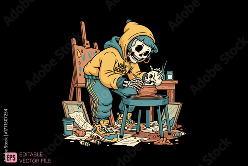 Skeleton Artist Sculpting Skull in Studio.