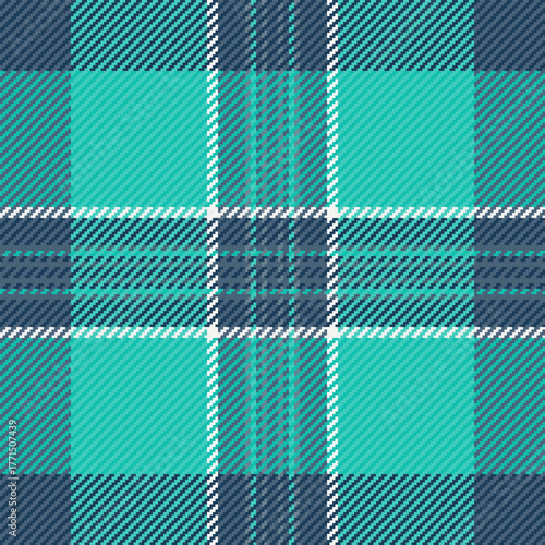Flannel texture seamless pattern, adorable fabric vector check. Repeating tartan textile plaid background in teal and cyan colors.