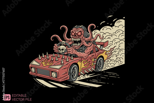 Octopus monster driving a spiked hot rod car with smoke.