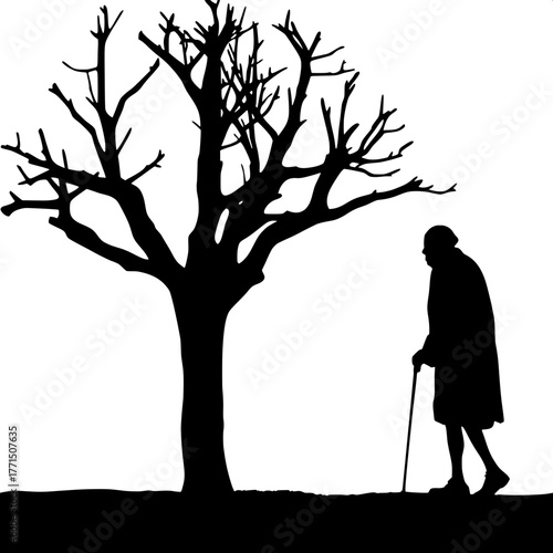Silhouette of an old man walking alone with a cane, minimalist art, strong contrast, empty background suggesting solitude and passage of time, simple black and white."