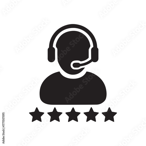 Business support icon vector male customer care service person profile avatar with a headphone and a star rating for online assistant in glyph pictogram illustration
