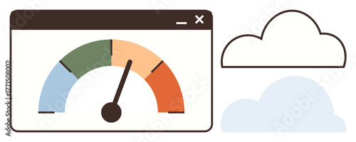 Colorful gauge in a web interface measuring performance, paired with cloud outlines suggesting data exchange. Ideal for technology, analytics, optimization, cloud computing, metrics, progress