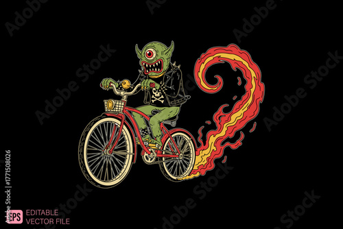 Green Monster Riding Bicycle with Fiery Trail.