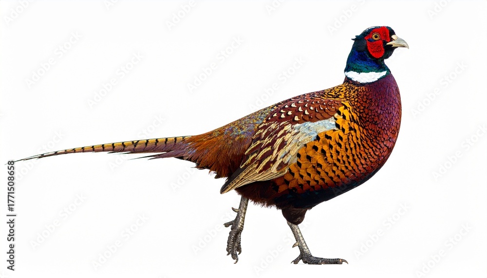 Fototapeta premium Colorful Common Pheasant Standing in Profile on White Background