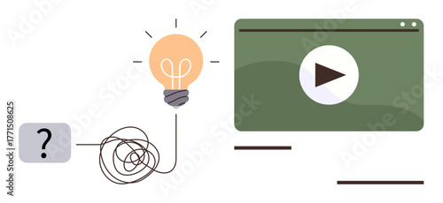 A tangled path from question mark to glowing lightbulb, ending at a play button on a screen. Ideal for problem-solving, creativity, innovation, learning, education, content creation, simple flat