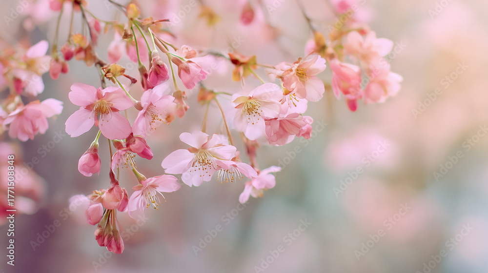 Fototapeta premium Delicate pink cherry blossoms gracefully cascade on a gentle spring breeze, evoking feelings of renewal and natural beauty with soft, ethereal light.