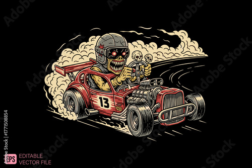Skull Racer Driving Hot Rod with Smoke and Speed.