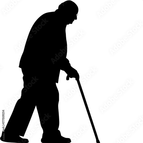 "Stylized vector illustration of an old man’s silhouette, walking with a cane, body slightly bent forward, facing right, against a pure white background, minimalist aesthetic, stark lighting."