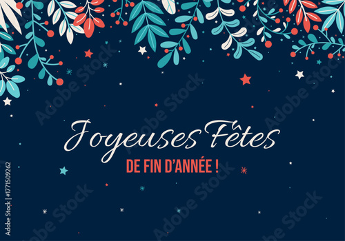Carte de vœux “Joyeuses Fêtes de fin d’année” avec feuillage et étoiles