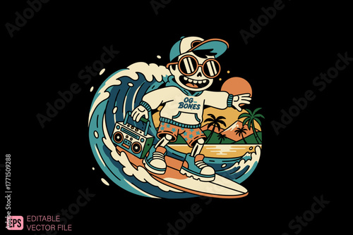 Cool Surfer Dude Riding Ocean Wave with Boombox and Beach Scene.