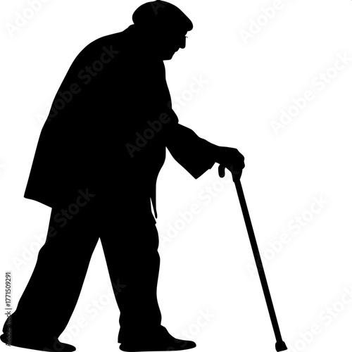 "Stylized vector illustration of an old man’s silhouette, walking with a cane, body slightly bent forward, facing right, against a pure white background, minimalist aesthetic, stark lighting."