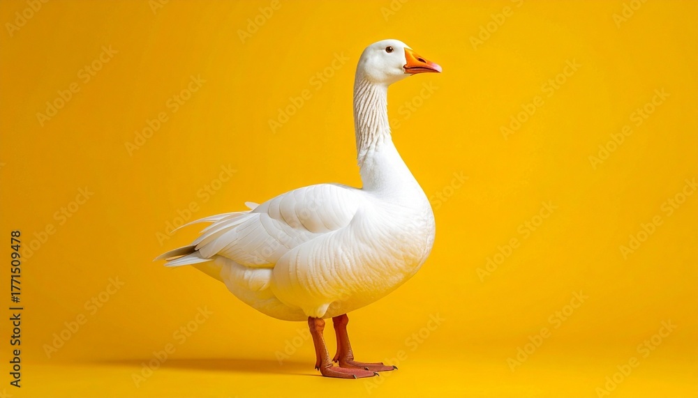 Obraz premium White goose with orange beak and legs on bright yellow background for editorial wildlife photography minimalist design and poetic contrast-themed visuals