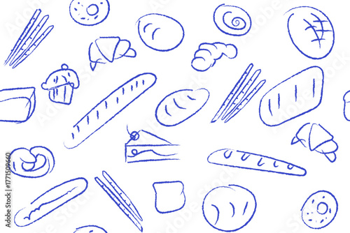Hand drawn illustration of Bakery. Bread, loaf, baguette, bakery products, cinnabon, croissant. Abstract geometric line background. 