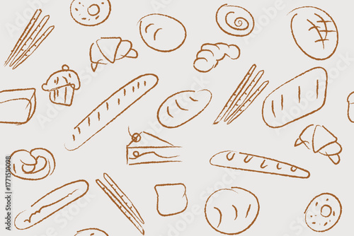 Hand drawn illustration of Bakery. Bread, loaf, baguette, bakery products, cinnabon, croissant. Abstract geometric line background. 