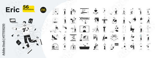 Asian man character with modern lifestyle activities outline illustrations mega bundle. Working, relaxing, exercising, using gadget 2D linear images. Collection black and white vector drawings