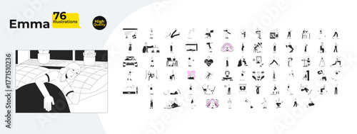 Blonde woman character with lifestyle and daily routine outline illustrations mega bundle. Working, relaxing, sleeping, exercising 2D linear images isolated. Collection black and white vector drawings