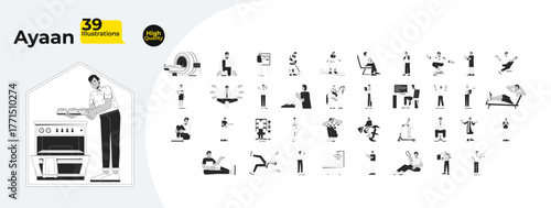 Indian man character with work and casual lifestyle outline illustrations mega bundle. Using gadgets, jobs, relaxing, hobbies 2D linear images isolated. Collection black and white vector drawings