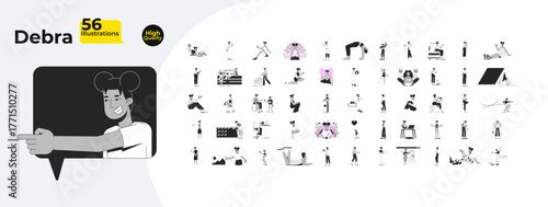 Black woman character with daily life and activities outline illustrations mega bundle. Occupations, breast cancer, relaxing 2D linear images isolated. Collection black and white vector drawings