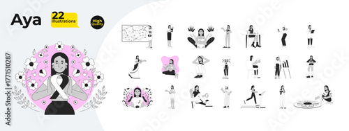 Middle eastern woman with breast cancer awareness and daily life outline illustrations mega bundle. Occupations, hindu holiday 2D linear images isolated. Collection black and white vector drawings