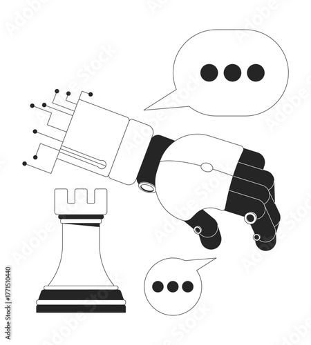 Robot chess strategy communication 2D line objects set. AI robotics with rook chessman, chat bubbles messaging isolated cliparts vector ink outline items. Monochrome spot illustrations collection