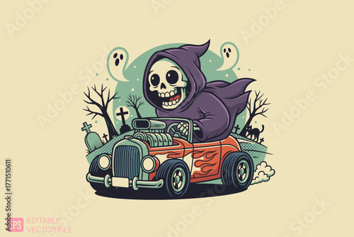 Cartoon Grim Reaper Driving Hot Rod Car with Ghosts.