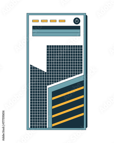 Modern desktop computer case 2D cartoon object. Hardware enclosure with geometric grid design. Tech device with power button isolated element flat vector clip art on white. Spot illustration