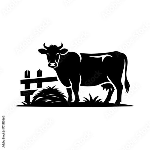 Black and White Cow Silhouette with Fence and Haystack Illustration