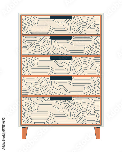 Wooden dresser with topographic pattern 2D cartoon object. Bedroom, living room storage furniture, cabinet with woodgrain texture isolated element flat vector clip art on white. Spot illustration