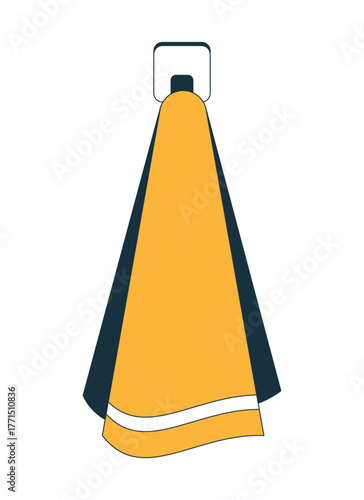 Hanging bathroom towel on wall hook 2D cartoon object. Daily use. Everyday routine. Wall decor. Fresh linen. Home cleanliness isolated element flat vector clip art on white. Spot illustration