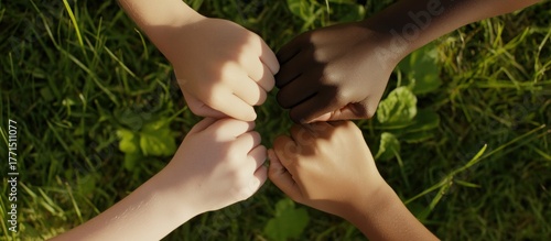 Unity and diversity four children hands clasped together in harmony