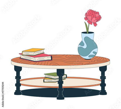 Coffee table styling with vase and books 2D cartoon object. Wooden surface with peony flower, bookstack. Reading nook furniture isolated element flat vector clip art on white. Spot illustration