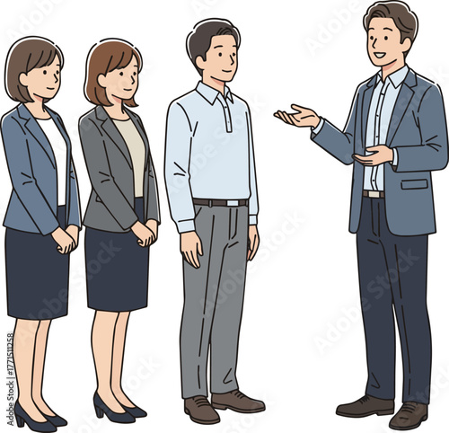 Create a kind of deferent simple full-body illustration of three office workers receiving an explanation from a male consultant vector art with white background.