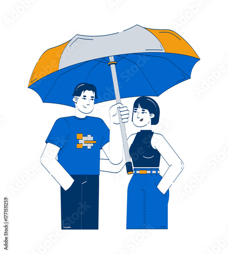 Korean couple standing under protective umbrella 2D doodle characters. Asian girlfriend boyfriend supportive cartoon people vector drawing isolated on white. Hand drawn illustration colorful
