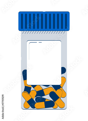 Prescription pill bottle with capsules 2D doodle object. Pharmacy container drugs. Health supplements cartoon element flat vector clipart isolated on white background. Hand drawn illustration