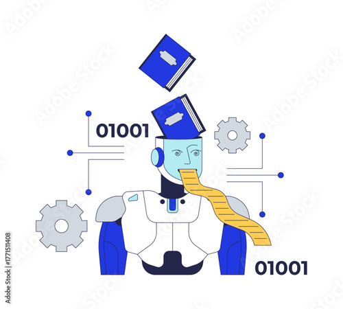 Artificial intelligence and copyright infringement 2D illustration concept. AI machine learning and processing binary data knowledge cartoon character isolated on white. Flat abstract vector metaphor