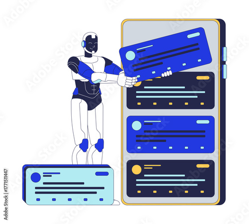AI algorithms in digital content sorting 2D illustration concept. Artificial intelligence filtering out automated social media feed cartoon character isolated on white. Flat abstract vector metaphor